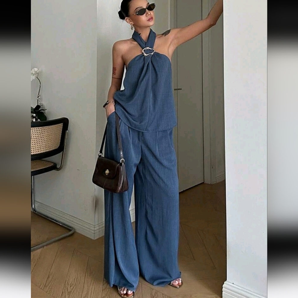 2pcs/Set Vintage Coin Decor Halter Neck Top And Wide Leg Pants Set - Picture 4 of 8